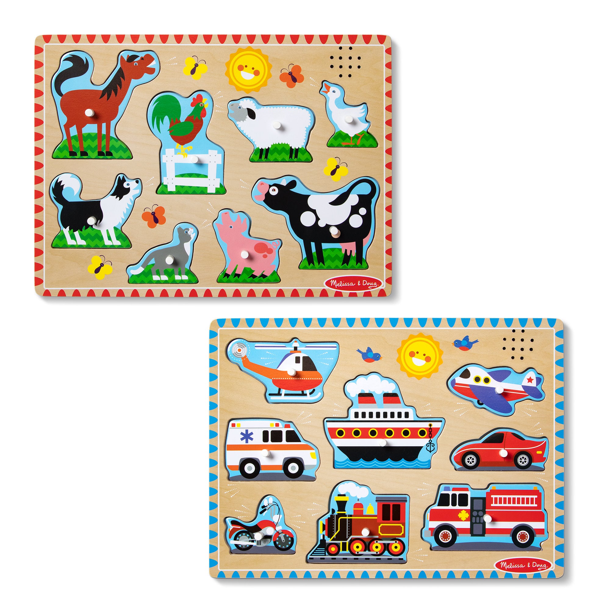 Melissa & Doug Wooden Sound Puzzle 2-Pack ?C Farm Animals, Vehicles