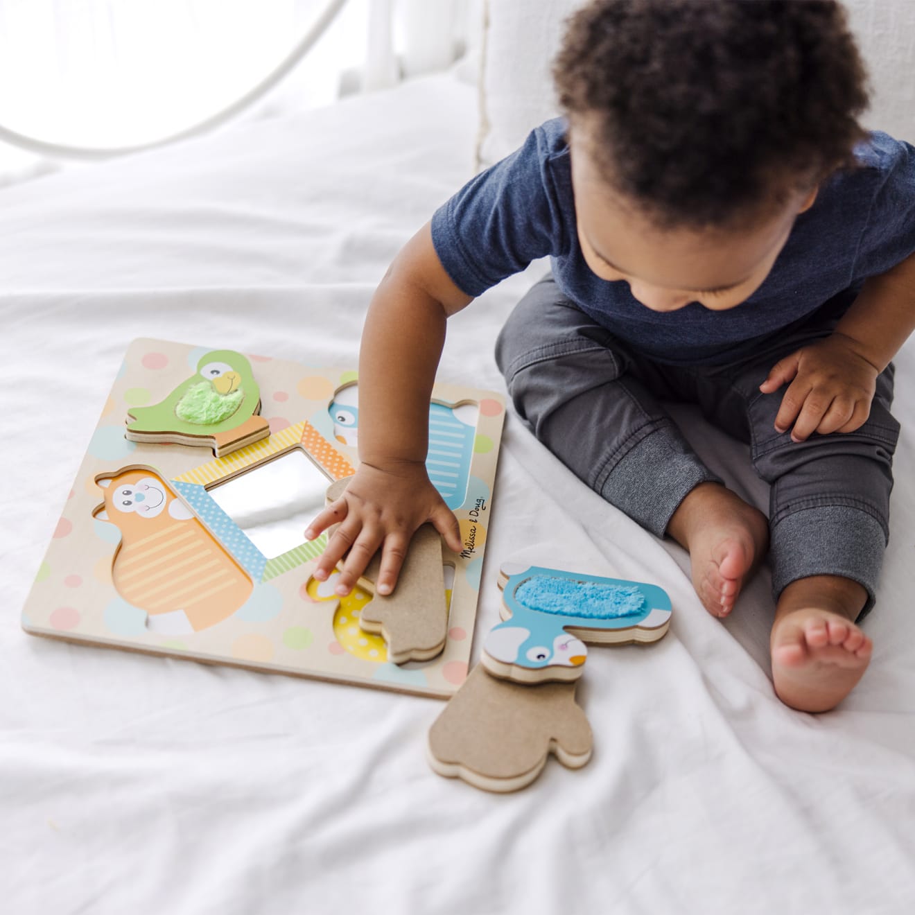 Melissa & Doug First Play Wooden Touch and Feel Puzzle Peek-a-Boo Pets With Mirror - Image 6