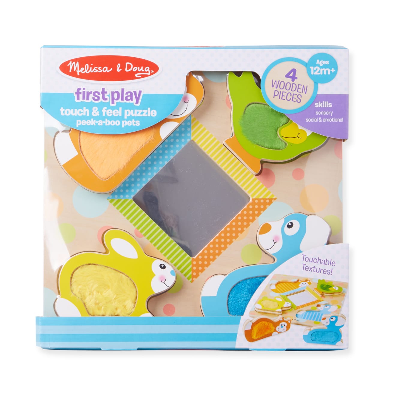 Melissa & Doug First Play Wooden Touch and Feel Puzzle Peek-a-Boo Pets With Mirror - Image 3