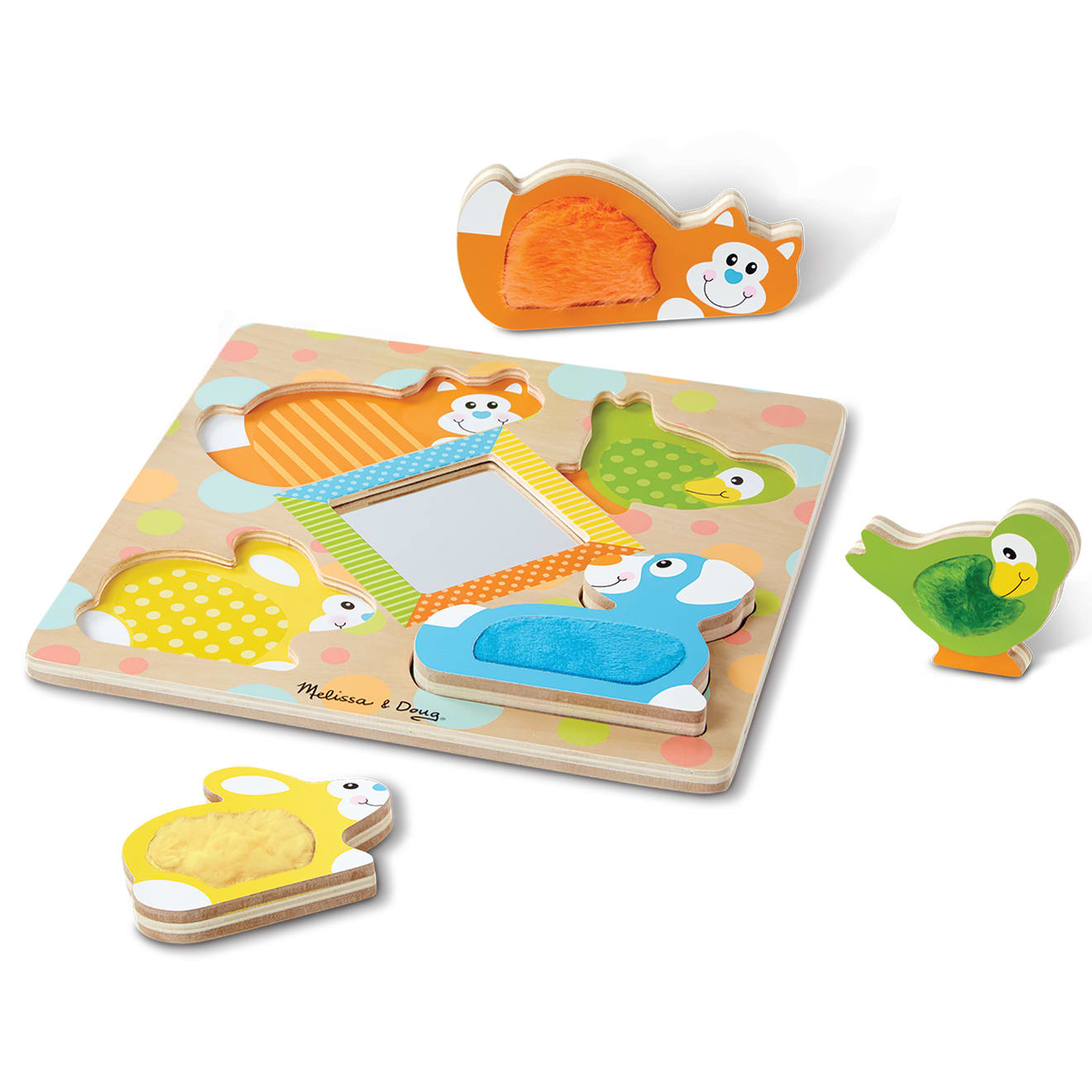 Melissa & Doug First Play Wooden Touch and Feel Puzzle Peek-a-Boo Pets With Mirror